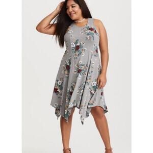 Torrid Midi Jersey Trapeze Dress Gray Floral Sleeveless Handkerchief Hem Plus 1x